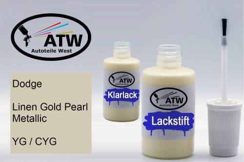 Dodge, Linen Gold Pearl Metallic, YG / CYG: 20ml Lackstift + 20ml Klarlack - Set, von ATW Autoteile West.